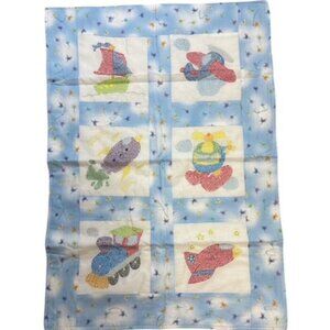 Homemade Quilt Blue Red Yellow  Car Boat Plane Vehicles Baby Boy Blanket  25"x36